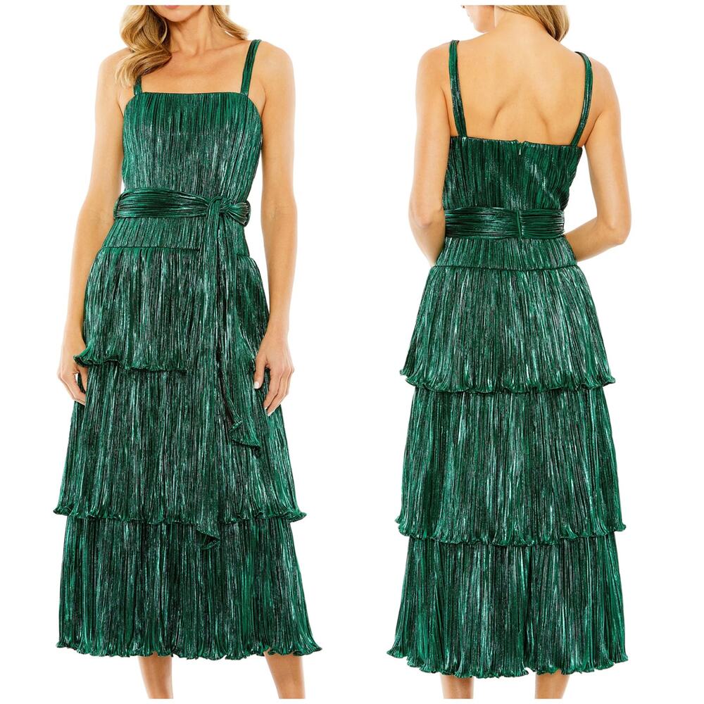 Mac Duggal NWT 27062 Ruffle Tiered Belt Detail Dress Emerald Green Sz 2 Metallic